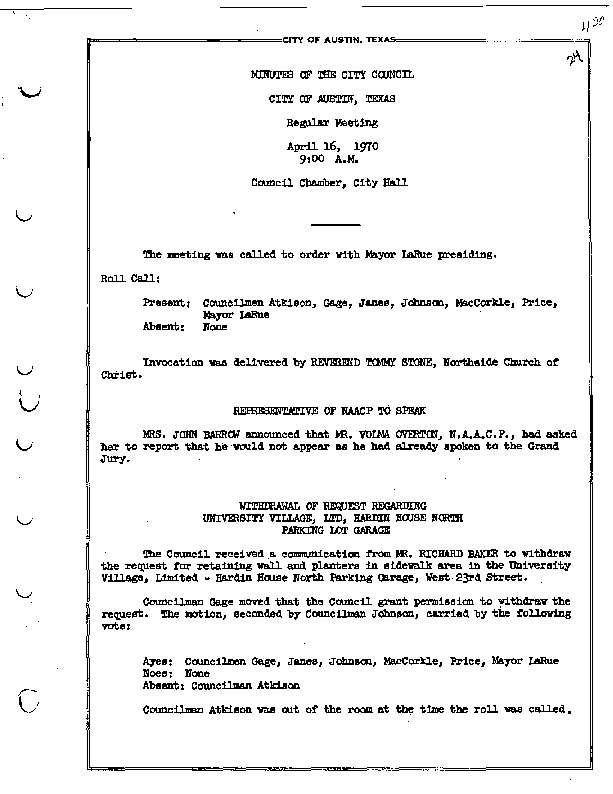 Austin City Council Public Hearing Minutes, April 1970