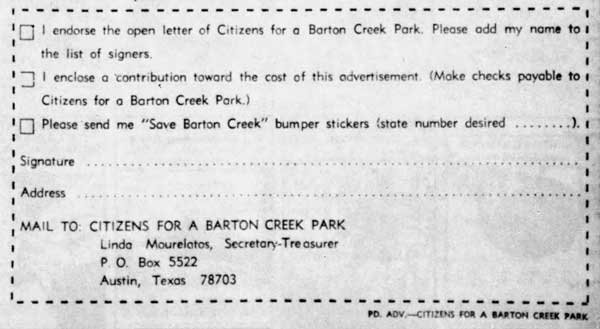 This mail-in coupon encouraged readers to join in the effort for a Barton Creek Park.