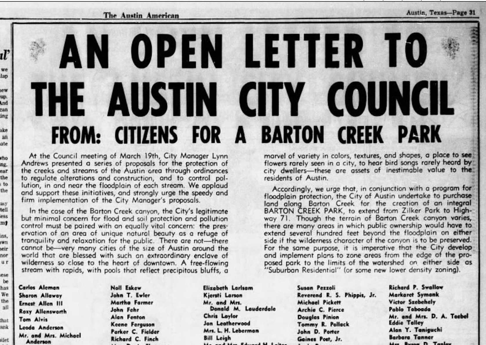 Petition Published by Citizens for a Barton Creek Park (Austin American-Statesman, April 13, 1970 )