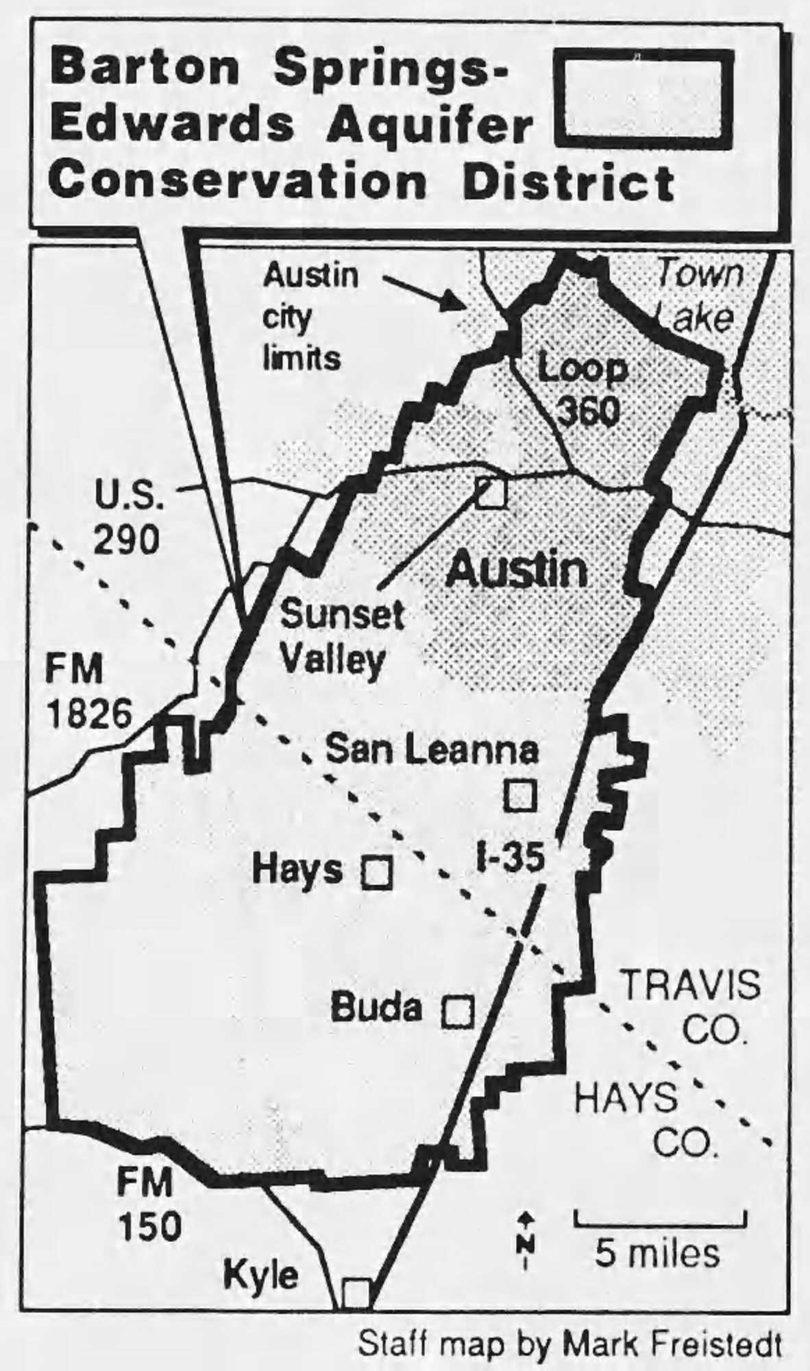 The new district covers an area from the Colorado River south almost to the city of Kyle. The eastern boundary roughly follows IH35 & the western edge extends almost to FM 1626. (Austin American-Statesman, February 26, 1987)