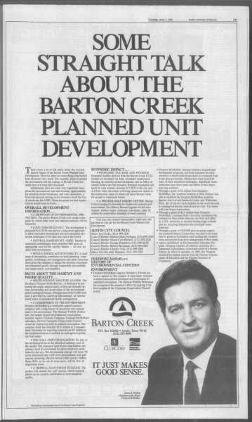 Advertisement paid for by Jim Bob Moffett in response to outcry against his development on Barton Creek
