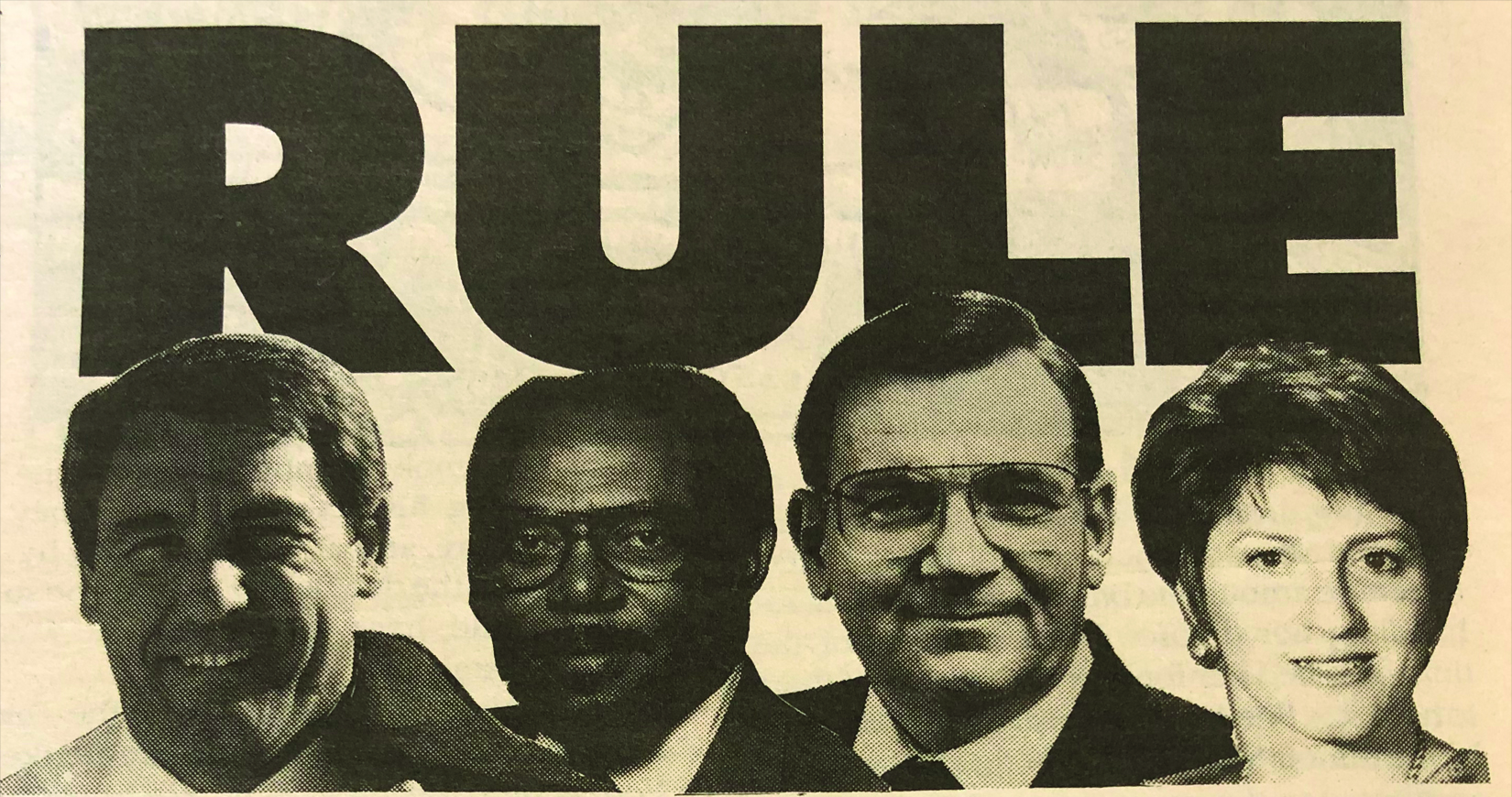 1991 Councilmembers Bob Larson, Charles Urdy, Ronney Reynolds, and Louise Epstein (The Austin Chronicle, October 11,1991)