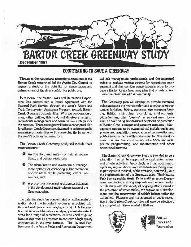 Barton Creek Greenway Study Bulletin, Parks and Recreation Department
