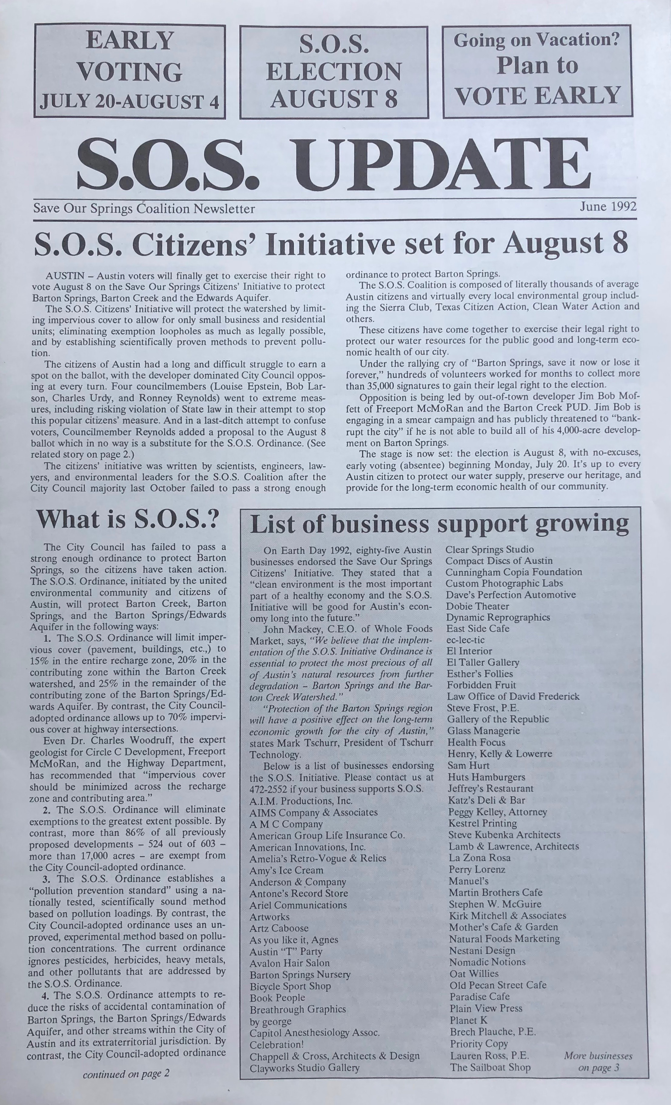 Save Our Springs Coalition August 1992 Newsletter